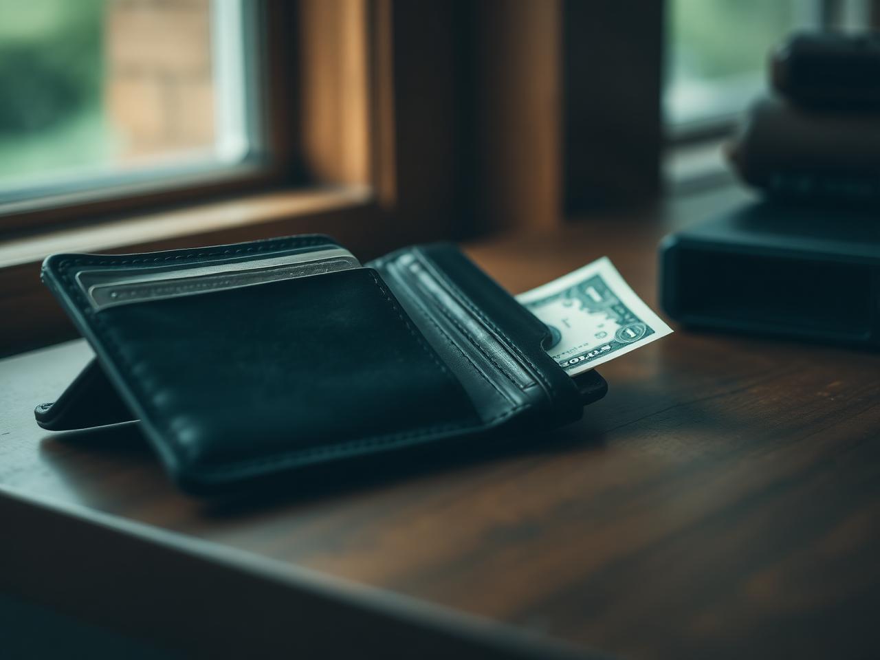 Worn leather wallet on a desk with a single folded bill peeking out